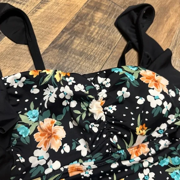 torrid Black Floral One-Piece Swimsuit with Yellow & Teal Blooms - Picture 4 of 11